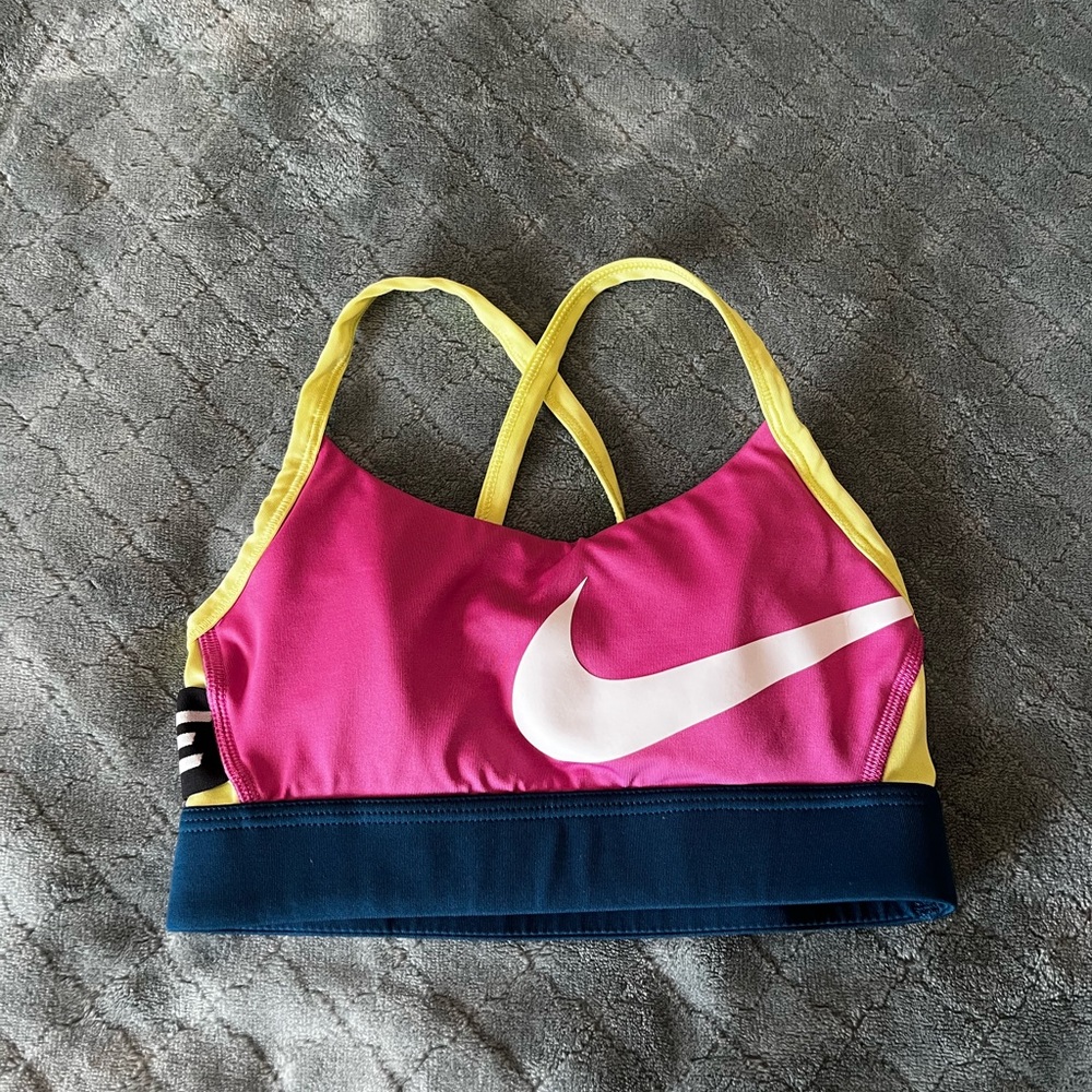 Nike Dri-FIT Sports Bra XS Pink Yellow Blue Colorblock Strappy Swoosh‎ Logo